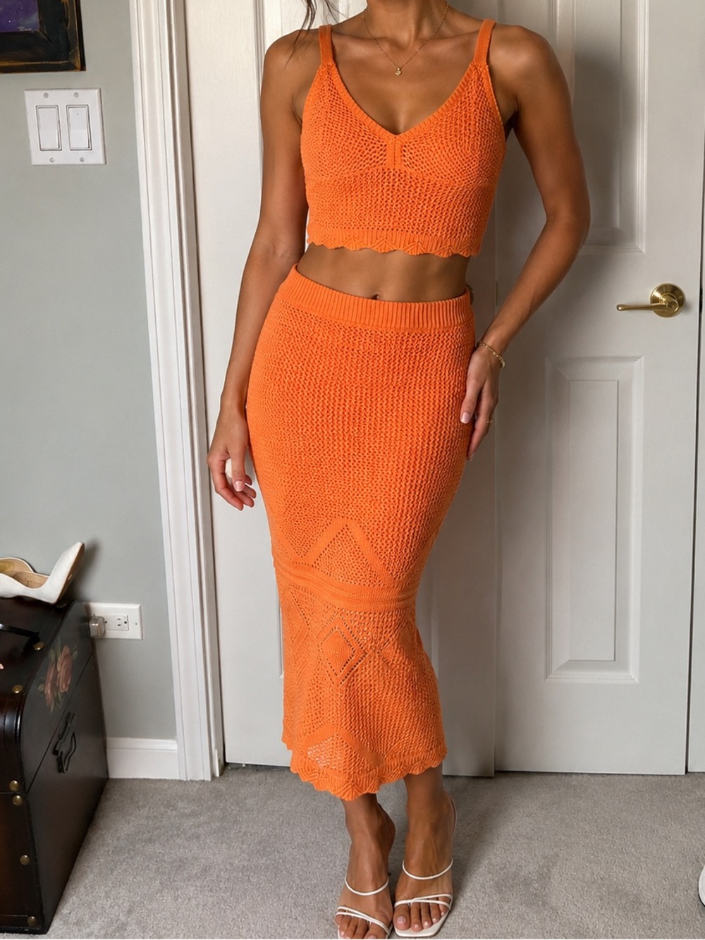 Orange Crochet Knit Midi Skirt and top set